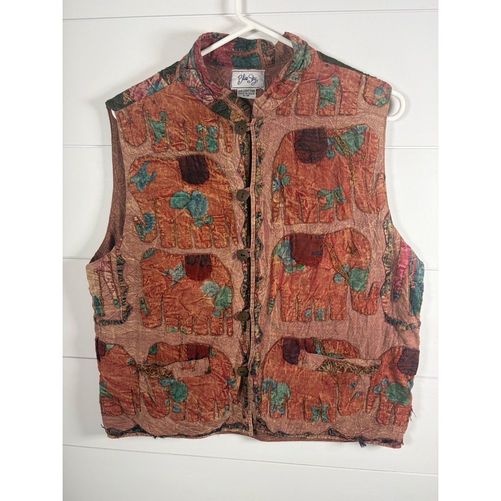 Vintage 90s Blue Sky Elephant Patchwork Vest Boho S/M Indian Hippie Earthy